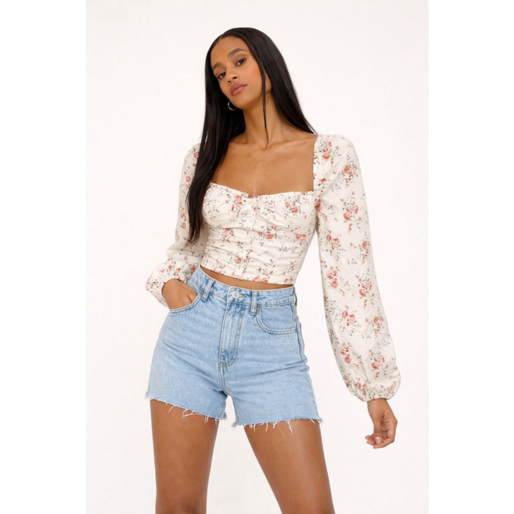 WeWoreWhat Revolve Ruched Cup Floral Crop Top Almond Milk NWT Size Large
